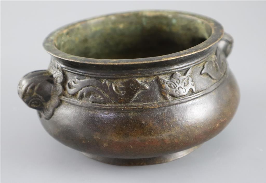 A Chinese bronze gui censer, Xuande mark but later, 16.5cm wide